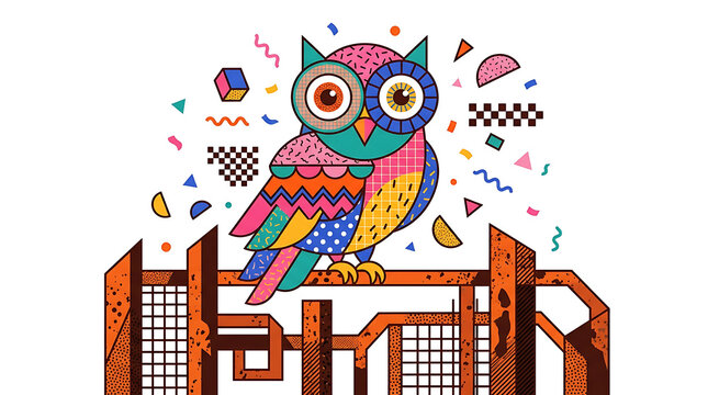 A colorful stylized owl character with vibrant geometric patterns sits perched atop a rustic metal structure surrounded by playful shapes and lively elements for educational and creative design