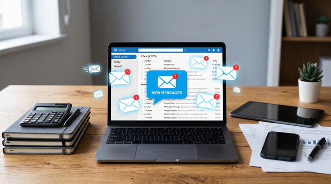 Laptop displaying email inbox with notifications, surrounded by office supplies, representing digital communication and work.
