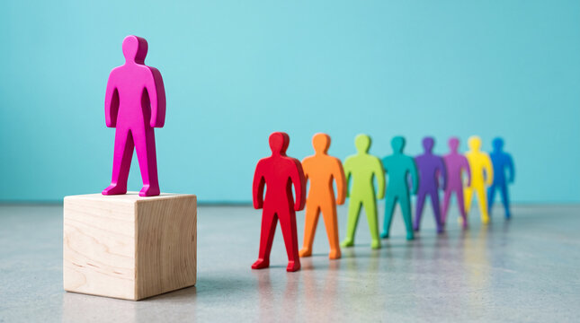A pink figure stands on a wooden pedestal, separate from a line of colorful figures, symbolizing leadership, distinction, and individuality.
