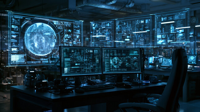 A futuristic command center filled with advanced screens showcasing complex data and analytics