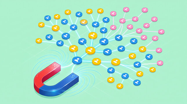 A horseshoe magnet attracts colorful circles with people icons, symbolizing network connection and lead generation strategies.