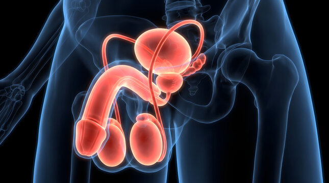 A detailed 3D medical illustration showcasing the human male reproductive system, highlighting the anatomy of the penis, testicles, and prostate gland, designed for urology research, clinical educa...