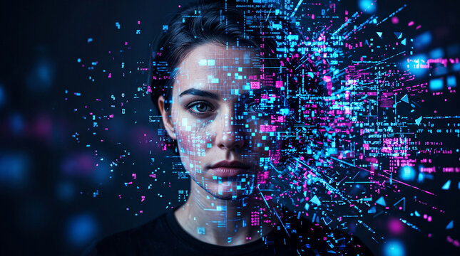Digital face with data stream, representing artificial intelligence, technology, and futuristic concepts, perfect for science and tech themes