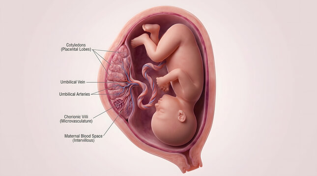 A detailed medical illustration showing a fetus inside the uterus, highlighting the complex anatomy of the placenta including cotyledons, umbilical vessels, and chorionic villi, providing a clear e...