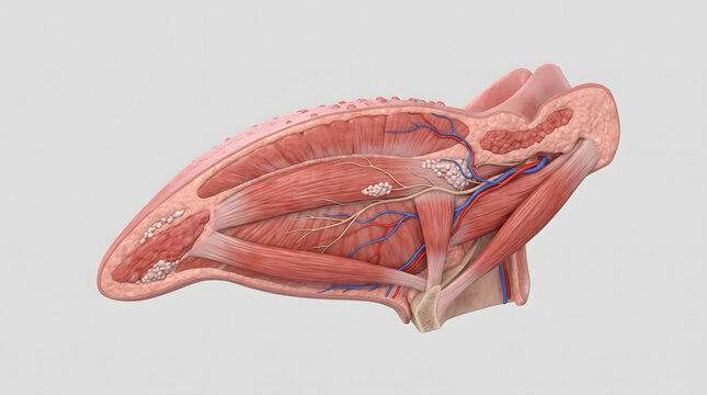 A detailed medical illustration showcasing the internal anatomy of the human tongue, highlighting the complex network of muscles, nerves, and blood vessels in a clear side profile view, perfect for...
