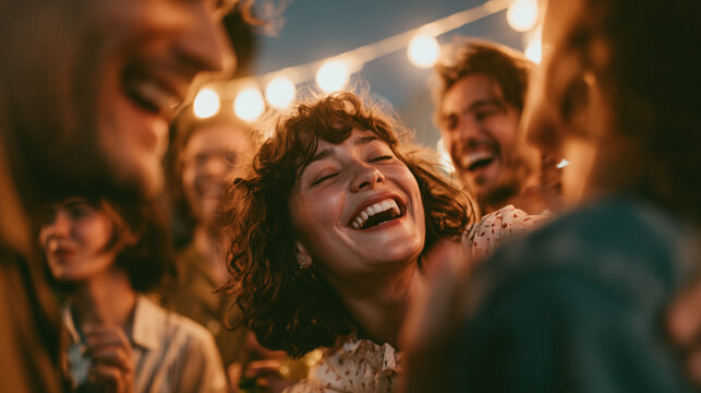 A joyful gathering of friends celebrating together under warm lights