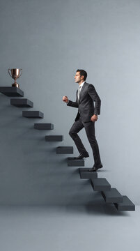 Man in suit climbing stairs toward trophy, symbolizing ambition, success, and reaching goals in business or career, with free space.