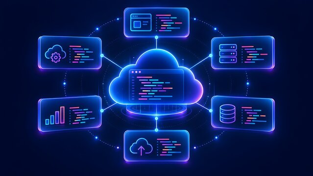 Neon cloud computing ecosystem diagram displaying continuous network synchronization with centralized data storage analytics and processing application nodes