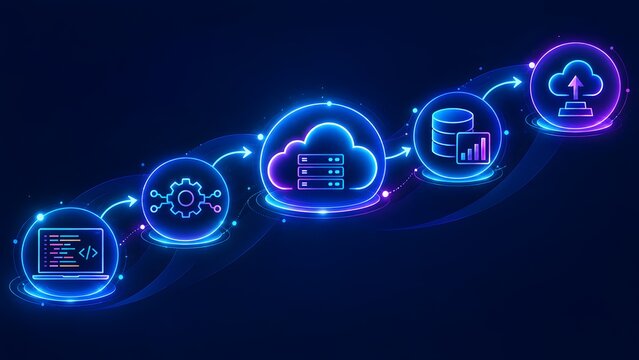 Cloud migration workflow pipeline illustrating software development lifecycle with automated data processing analytics and deployment network nodes