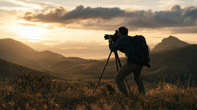 A passionate traveler captures breathtaking landscapes at sunset, surrounded by nature's beauty. The perfect moment of adventure and creativity in photography.
