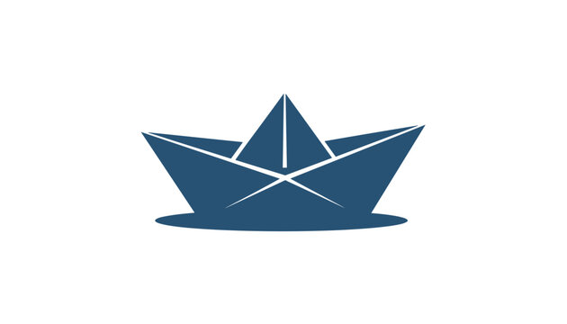Elegant dark blue origami paper boat vector logo floating on a small wave isolated on a clean white background.