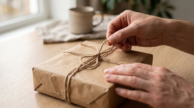 Human hands gently untying natural twine from a brown paper parcel on a wooden table, evoking sustainable gift giving, unboxing excitement, and cozy homemade charm
