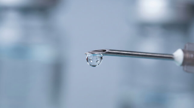 Clear droplet clinging to a sterile hypodermic needle tip, symbolizing precision in vaccine and drug delivery, pharmaceutical innovation and clinical research advancements