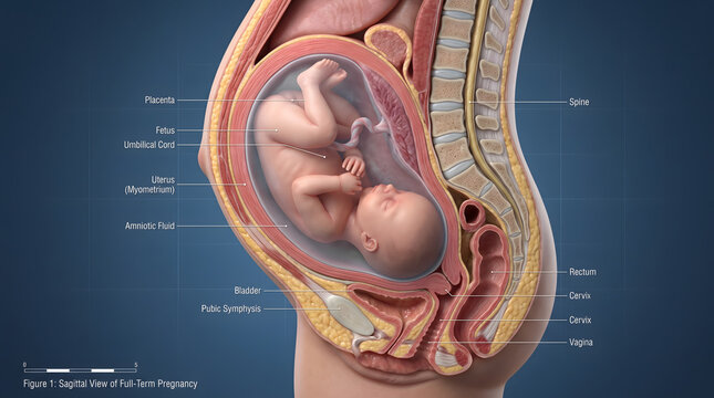 A detailed medical illustration showing a sagittal cross-section view of a full-term pregnancy. The image features labeled anatomical structures including the fetus, placenta, umbilical cord, uteru...