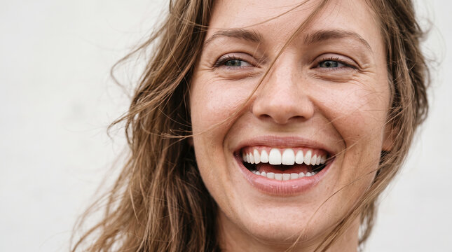 Close up of smiling young woman laughing with windblown hair, bright white teeth and genuine joy, conveying carefree wellbeing, optimism and authentic happiness