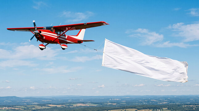 Red and white airplane flying in blue sky pulling a blank white banner, symbolizing freedom, advertising and adventure