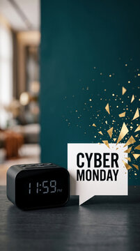 Digital clock showing almost midnight beside a speech bubble with "CYBER MONDAY" text and gold confetti, symbolizing sale event and countdown