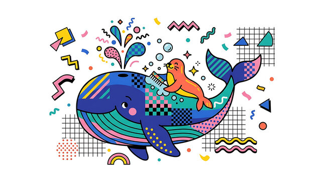 Fun blue whale swimming with a cute orange seal in the ocean sea featuring geometric shapes and retro patterns for kids birthday party invitations or colorful educational materials for young