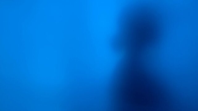 Silhouette of Woman Appearing Behind Translucent Blue Glass Screen