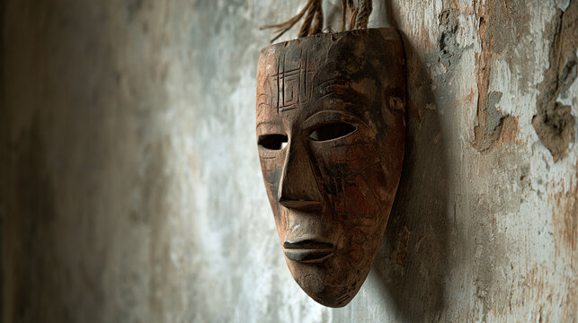 An intricately crafted wooden mask hangs against a textured wall, showcasing cultural heritage