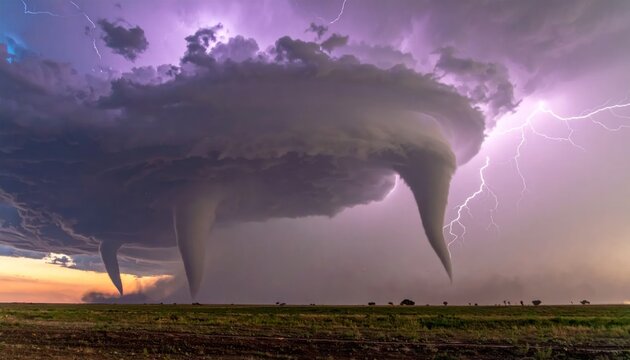 Supercell storm with tornado funnels and lightning strikes.