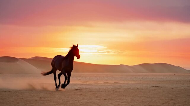 Horse in Desert Dunes at Sunset with Dust Rising Around Its Hooves