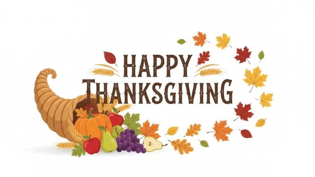 Animated happy thanksgiving with autumn leaf moving across a white background