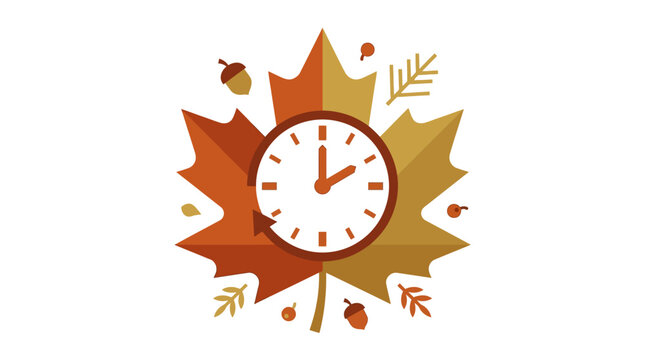 Autumn time change concept with maple leaf and clock.