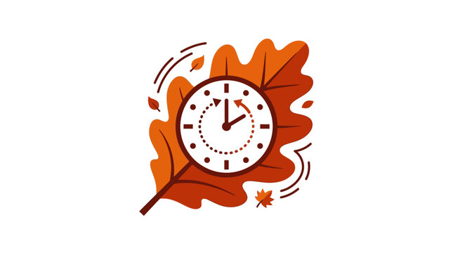 Daylight saving time concept with a clock on an autumn oak leaf.