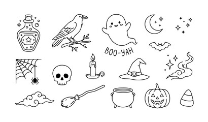 Obraz premium Hand Drawn Doodle Halloween Set with Pumpkin Ghost Witch Hat and Skull Vector Illustration Collection