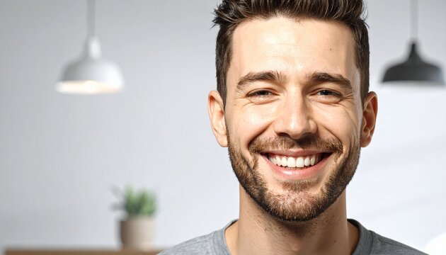 Smiling professional man with short dark hair and casual gray shirt enjoying a genuine sarcastic haha moment in modern office setting with neutral...