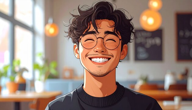 Young adult man with curly hair wearing glasses enjoying a sarcastic haha moment in a bright modern caf&eacute; setting with natural light and clean backg...