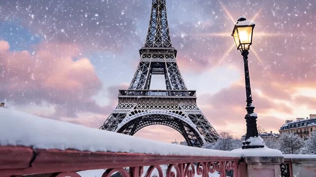 Dreamy Snow-Covered Paris Scene Featuring the Eiffel Tower, a Glowing Street Lamp, and Ornate Iron Railings