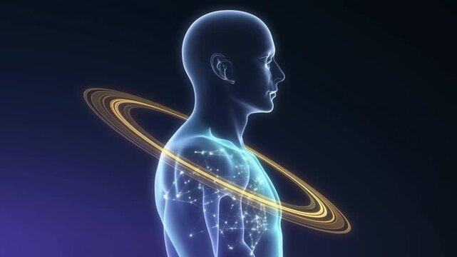 Glowing crescent moon shining in dark purple and blue night space background