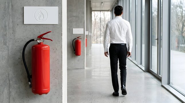 Fire extinguisher below safety sign in bright office hallway near doorway as businessman walks past, corporate fire prevention and workplace emergency exit concept