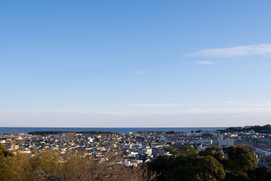 Panoromic Cityscape of Shingu City Wakayama Facing Pacific Ocean Under Clear Blue Sky with Copy Space