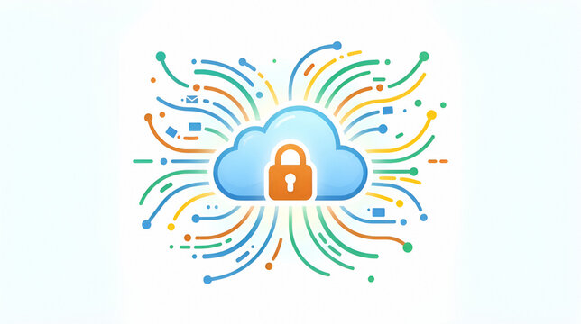 Cloud security icon with lock and colorful network lines
