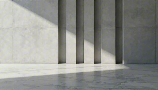 sunlight casts sharp shadows on concrete wall and marble floor
