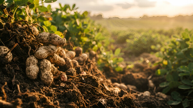 Freshly harvested peanuts on soil in farm field at sunset