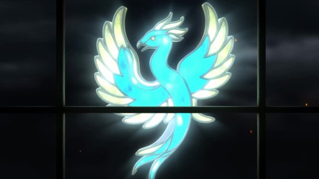 Phoenix emblem displayed in stained glass window with turquoise and gold wings