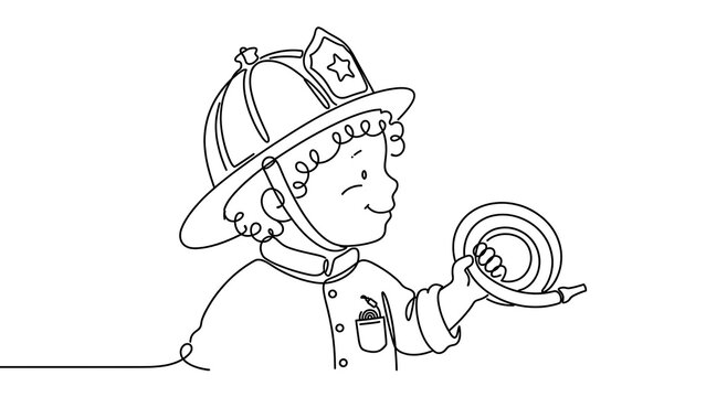 Firefighter Boy Holding Hose white background.