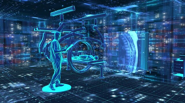 High tech medical examination, a doctor operates advanced scanning equipment beside a patient, with a full-body holographic scan and vital sign data displayed in a high-tech, digitized medical lab.