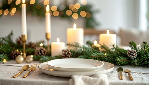 Elegant Christmas Dinner Table with Candles and Evergreen Decor
