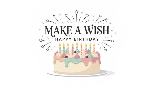 Animated birthday cake with glowing candles on a white background