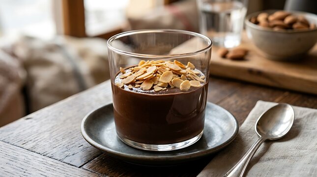 Delicious chocolate mousse in a glass topped with almond flakes