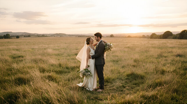 Bride and groom kissing in golden hour field