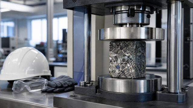 Industrial hydraulic press testing a recycled composite material cube in a materials science laboratory