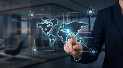 Obraz premium Innovative global business strategy and data visualization with advanced holographic technology for future success