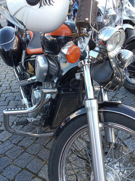 Grodno, Republic of Belarus. - September 09, 2018: A close-up of a classic Japanese cruiser motorcycle, the Honda Shadow VT.