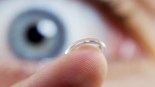 Contact Resting on Fingertip in Front of Blurred Human Eye for Eye Care